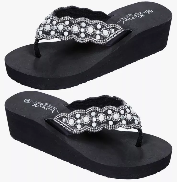 Womens Girls Black Sparkle Wedge Flip Flop Sandal 3.5 UK 36.5 EU - view 1 of 4
