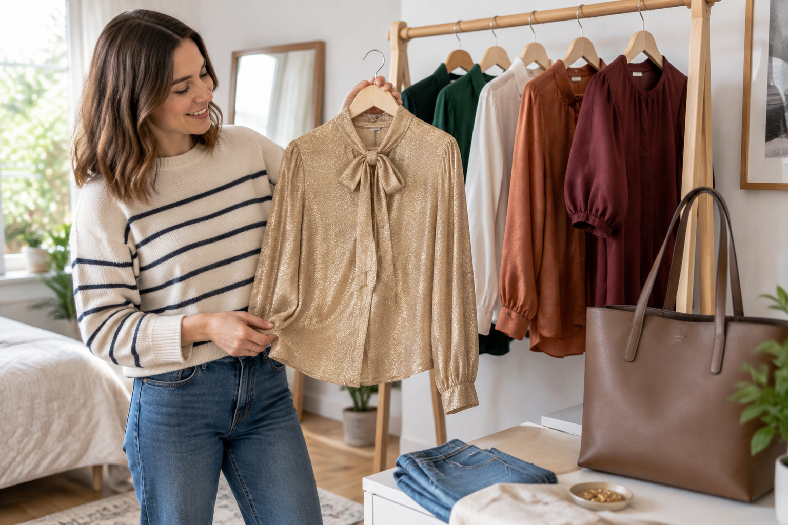 Illustrative scene: A Wardrobe Refresh: Six Finds Under £15 A wardrobe refresh needn’t mean replacing everything you own. Sometimes a different colour, an interesting neckline or a new everyday bag is enough to give your usual outfits a change. These six finds from Cheapest in the UK keep the focus on tops and one finishing touch, with every pick coming in below £15. Rather than buying the lot, think about what you would actually reach for. Are you after something understated, a little sparkle or a richer colour? Here are a few places to start. ## A touch of gold Tweed Bow Neck Blouse Gold Lurex(/product/tweed-bow-neck-blouse-gold-lurex) costs £7.99. The bow neck and gold lurex make this an option to consider when you want your top to be the focus of an outfit. At this price, it is also one of the joint-lowest-priced picks in the roundup. Think of it as the dressier direction for your refresh. ## A forest green alternative Pulz Jeans Sienna Shirt Forest Green(/product/pulz-jeans-sienna-shirt-forest-green) costs £14.99. If you tend to choose the same colours each time, forest green offers a different starting point. This is the highest-priced item here, but still sits below our £15 limit. Consider whether the shade works with the colours already in your wardrobe before adding it to your basket. ## A linen-mix option FYNCH HATTON TUNIC LINEN MIX LONG SLEEVE BLOUSE(/product/fynch-hatton-tunic-linen-mix-long-sleeve-blouse) costs £9.99. For anyone specifically looking for a long-sleeved top, this linen-mix tunic blouse is worth a look. It brings another style into the selection without taking the price into double figures. Check the product page for sizing information before deciding. ## A copper colour change Women’s Copper Blouse(/product/women-s-copper-blouse) costs £8.99. Copper is another route to a colour-led refresh. If that is a shade you enjoy wearing, this could be your starting point rather than choosing a top purely because it is inexpensive. The best budget buy is something you will want to wear again. ## Puff sleeves for £7.99 Maroon Cabernet Red Blouse Puff Sleeves Sorbet Bolivia Blouse(/product/maroon-cabernet-red-blouse-puff-sleeves-sorbet-bolivia-blouse) costs £7.99, down from £28.99. With puff sleeves and a maroon cabernet red colour, this offers a different look from the other tops. The listed price reduction is £21, making it worth considering if both the style and sizing suit you. ## Finish with a brown tote Minimalist Clean-Cut Pebbled Faux Leather Tote Women's Shoulder Handbag, Brown(/product/minimalist-clean-cut-pebbled-faux-leather-tote-womens-shoulder-handbag-brown) costs £9.99, previously £12.99. Prefer to leave your tops alone? A brown faux leather tote gives this wardrobe refresh an alternative starting point. Choose it for the look rather than adding more clothing you do not need. Enjoy free UK delivery on orders over £20.