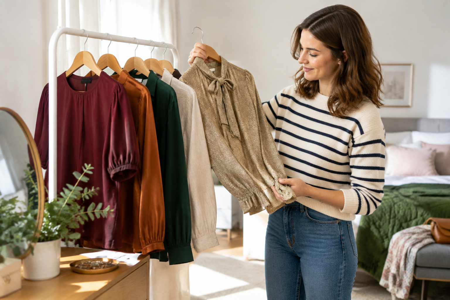 Illustrative scene: Five Budget-Friendly Blouses and Shirts for a Wardrobe Refresh A wardrobe refresh needn’t mean replacing everything you own. Sometimes, a different colour or a little detail is enough to give your usual outfits a new direction. These five blouses and shirts from Cheapest in the UK offer a starting point, with current prices ranging from £7.99 to £14.99. The theme here is simple: tops you can build an outfit around, rather than buying a whole new look. Start with the colours and shapes you already enjoy wearing, then choose something that brings a bit of variety. ## A little sparkle for £7.99 Tweed Bow Neck Blouse Gold Lurex(/product/tweed-bow-neck-blouse-gold-lurex) costs £7.99. The bow neck and gold lurex give you details to centre an outfit on. If your wardrobe tends towards plain pieces, this could be a way to try something different. Keep the rest of your outfit understated if you want the blouse to be the focus. ## A forest green option for £14.99 Pulz Jeans Sienna Shirt Forest Green(/product/pulz-jeans-sienna-shirt-forest-green) costs £14.99. Fancy a change from your usual colours? Forest green is worth considering. Think about which pieces you already own would work alongside it before adding it to your basket. It’s the highest-priced choice in this roundup, but still comes in below £15. ## A linen-mix choice for £9.99 FYNCH HATTON TUNIC LINEN MIX LONG SLEEVE BLOUSE(/product/fynch-hatton-tunic-linen-mix-long-sleeve-blouse) costs £9.99. If a tunic is more your style, put this one on your shortlist. Its listed linen mix and long sleeves distinguish it from the other options here. Check the product page for sizing information before deciding whether it suits the look you have in mind. ## Copper colour for £8.99 Women’s Copper Blouse(/product/women-s-copper-blouse) costs £8.99. This is another colour-led option for anyone looking beyond their usual choices. At less than £9, it could be your single wardrobe update rather than part of a bigger spend. Consider how copper would sit alongside your existing favourites. ## Puff sleeves at a reduced price Maroon Cabernet Red Blouse Puff Sleeves Sorbet Bolivia Blouse(/product/maroon-cabernet-red-blouse-puff-sleeves-sorbet-bolivia-blouse) costs £7.99, down from £28.99. The maroon colour and puff sleeves make this an option if you want both colour and a different sleeve shape. The listed reduction is £21, though the best reason to choose it is that it fits your style and budget. ## Choose what you’ll actually wear There’s no need to buy all five. Pick the option that works best with what you already own, and check sizing before ordering. Enjoy free UK delivery on orders over £20.