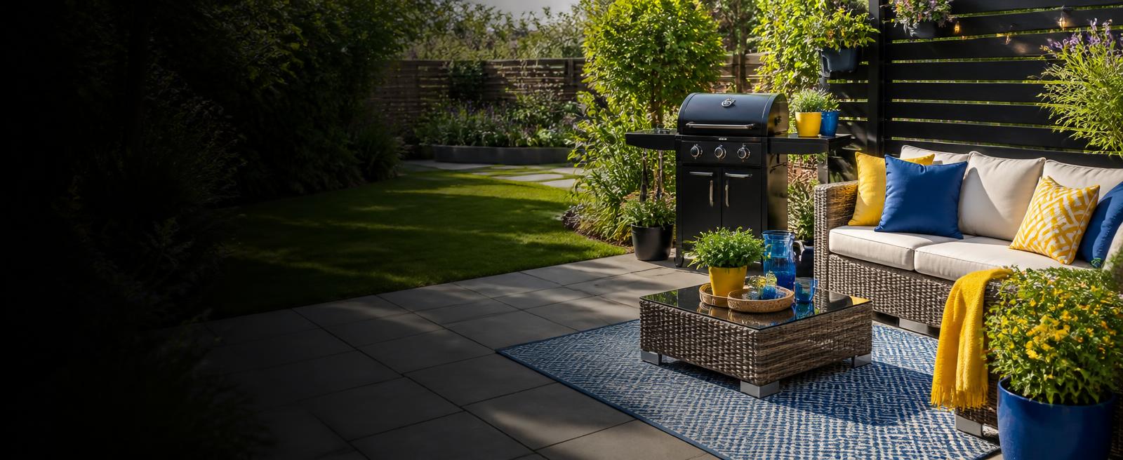 Garden patio with outdoor seating and a barbecue