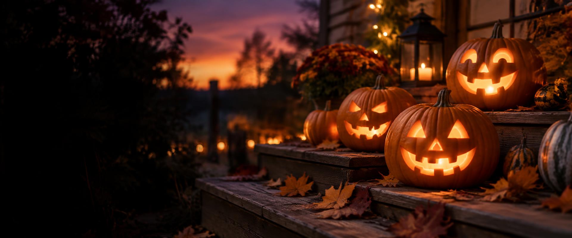Glowing carved Halloween pumpkins with lanterns and autumn leaves on wooden steps at dusk