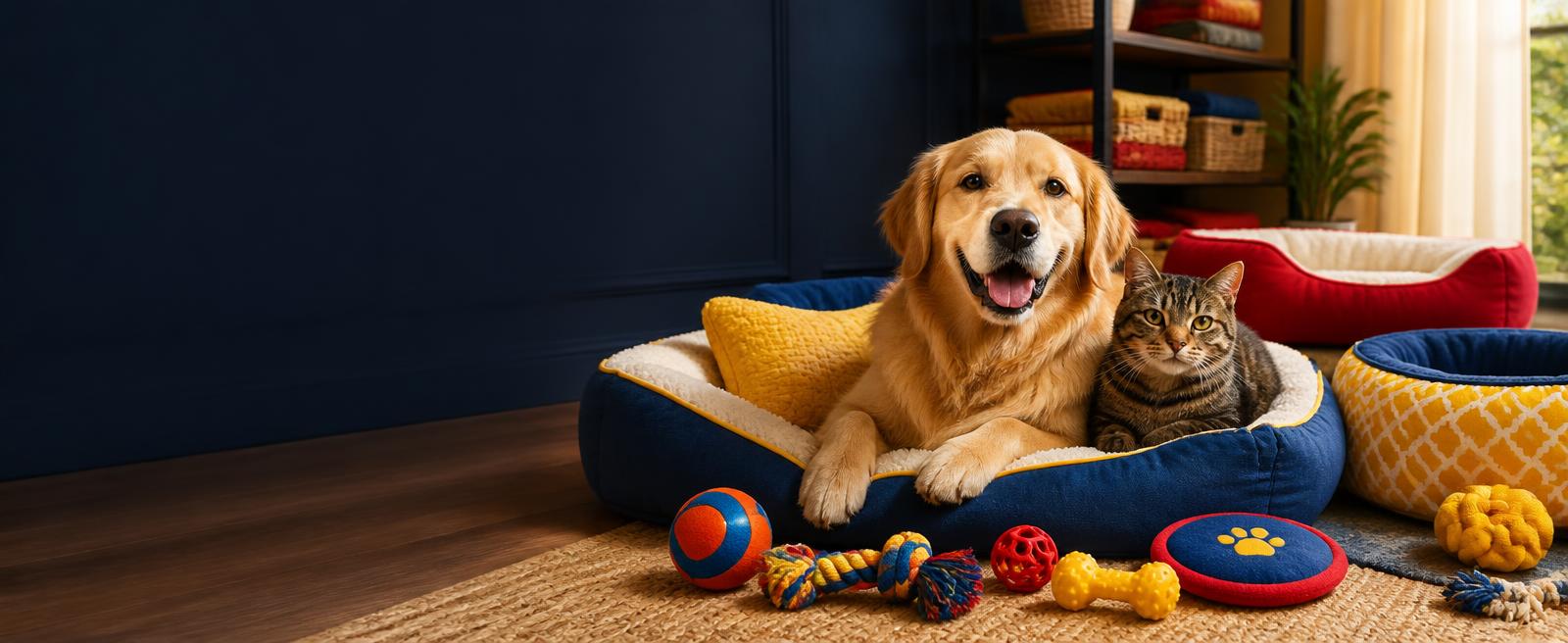 Golden retriever and tabby cat surrounded by pet beds and toys