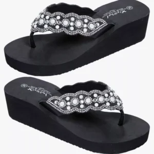 Womens Girls Black Sparkle Wedge Flip Flop Sandal 3.5 UK 36.5 EU